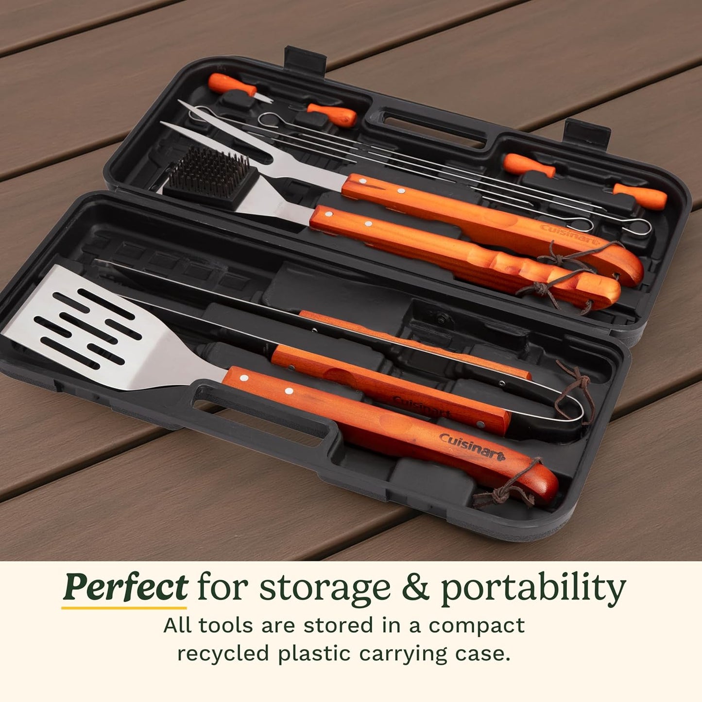 Cuisinart 13-Piece Wooden Handle Grill Tools Set, Grill Utensils Set BBQ Accessories, Durable Stainless Steel Spatula, Tongs, Cleaning Brush & More, Compact Case, Grilling Gifts for Men, CGS-W13