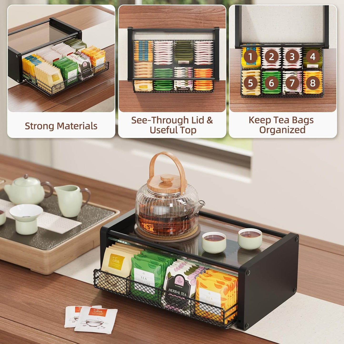 Tea Bag Organizer, Tea Organizer and Storage with Drawers, Tea Bag Holder with Divided Compartments, Wooden Kitchen Organizers and Storage for Kitchen, Countertop, Office, Tea Station