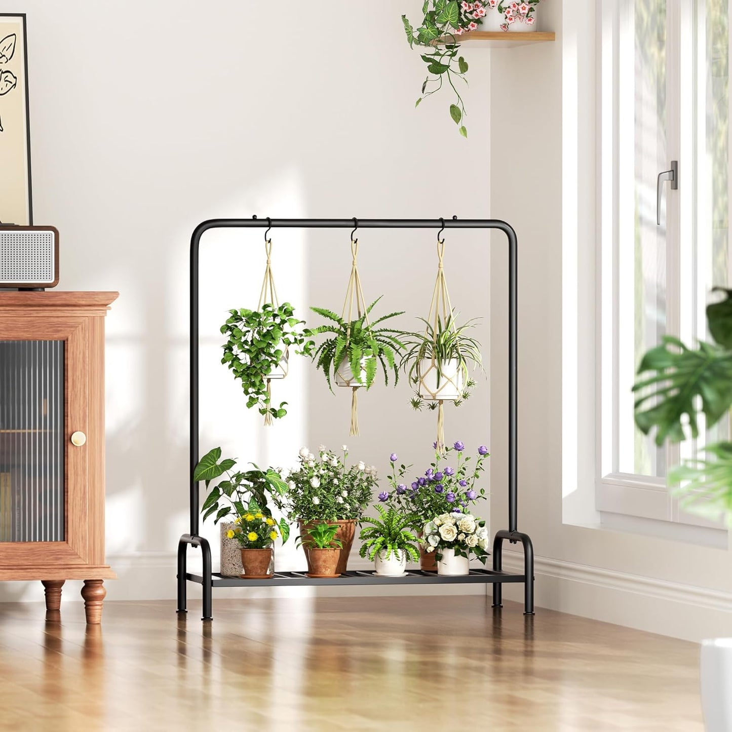 Plant Stand Outdoor Tall 40'' Plant Shelf For Patio Metal Plant Rack Flower Pot Clearance With 3 Hooks