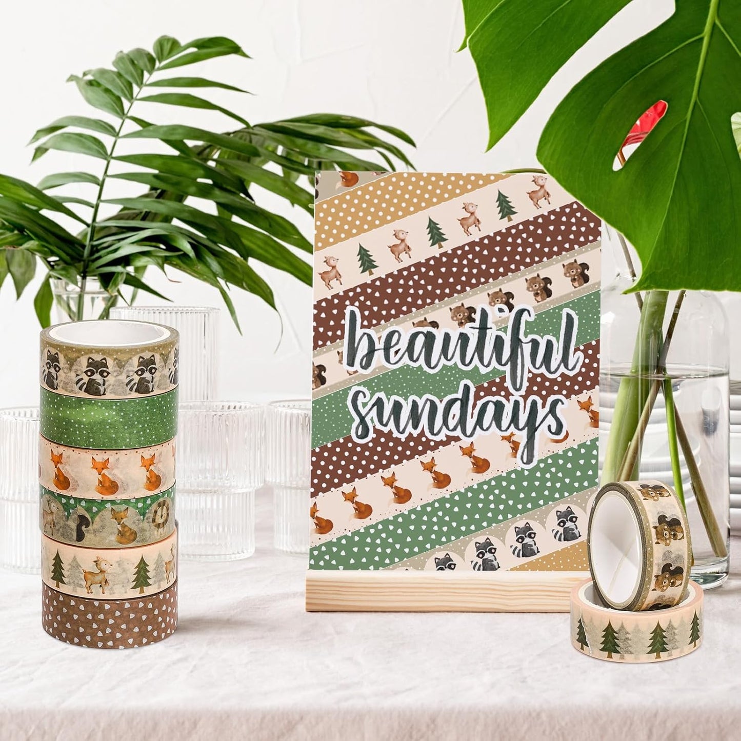 Whaline 12 Rolls Woodland Animal Washi Tape Forest Safari Creature Decorative Masking Tape Set Cute Wrapping Paper Tape for Scrapbook Journal DIY Art Crafts