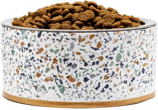 Pet Junkie Terrazzo Single Elevated Pet Bowl Stand with Removable Stainless Steel 16oz Inner Bowl for Small Dog Breed or Cat - Raised Dog Food or Water Station (Small, White)