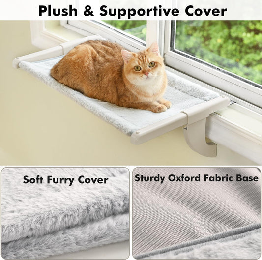 Window Sill Mount Cat Perch for Indoor Cats, One-Step Sliding Clamping Slot Adjustment Cat Hammock with Washable Cover, No Suction Cups Pet Bed for Windowsill & Bedside (XL)