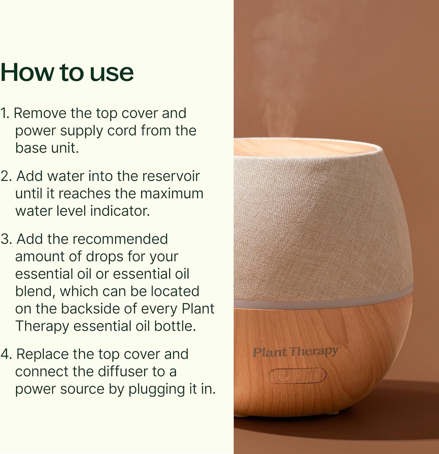 Plant Therapy Drift Linen Essential Oil Diffuser, Stylish Linen Cover Adds a Soft, Natural Touch to Any Space, Intermittent & Continuous Mist, Color-Changing Light Feature, 320 Square Feet Coverage