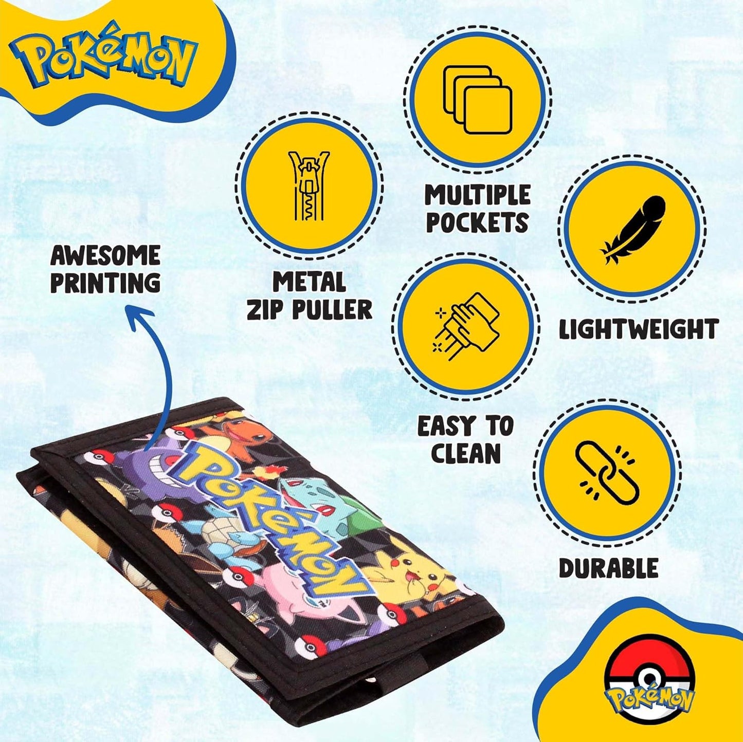 Pokemon Wallet for Boys and Girls, Kids Trifold Purse Canvas Wallets with Zip, Coin and Card Holder - Featuring Charmander & Pikachu