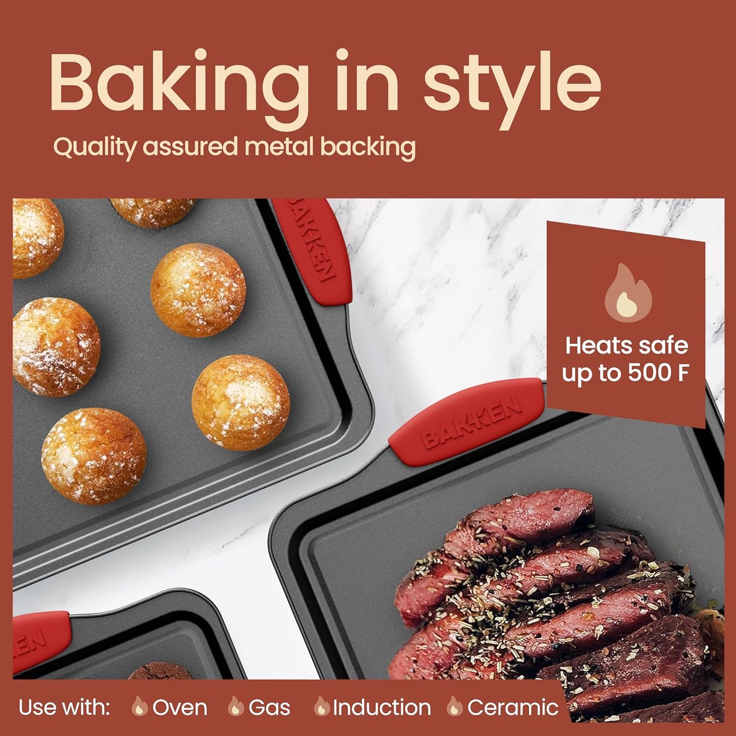 6-Piece Nonstick Gray Marble Coated Bakeware Set - Professional Quality Carbon Steel Pans with Silicone Handles - Ideal for Oven, Refrigerator, Freezer - Dishwasher Safe