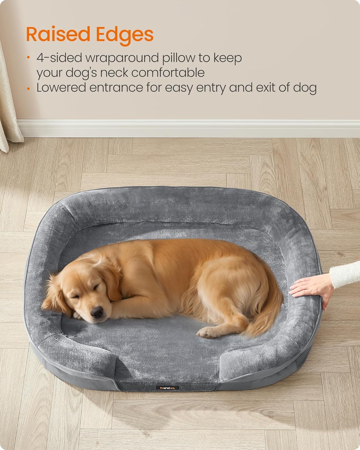 Feandrea Dog Bed, Large Orthopaedic Dog Sofa Bed, 42 x 30 x 7 Inches, Egg Crate Foam, Waterproof Liner, Raised Edges, Removable and Machine Washable Cover, Non-Slip, Light Gray UPGW283G01
