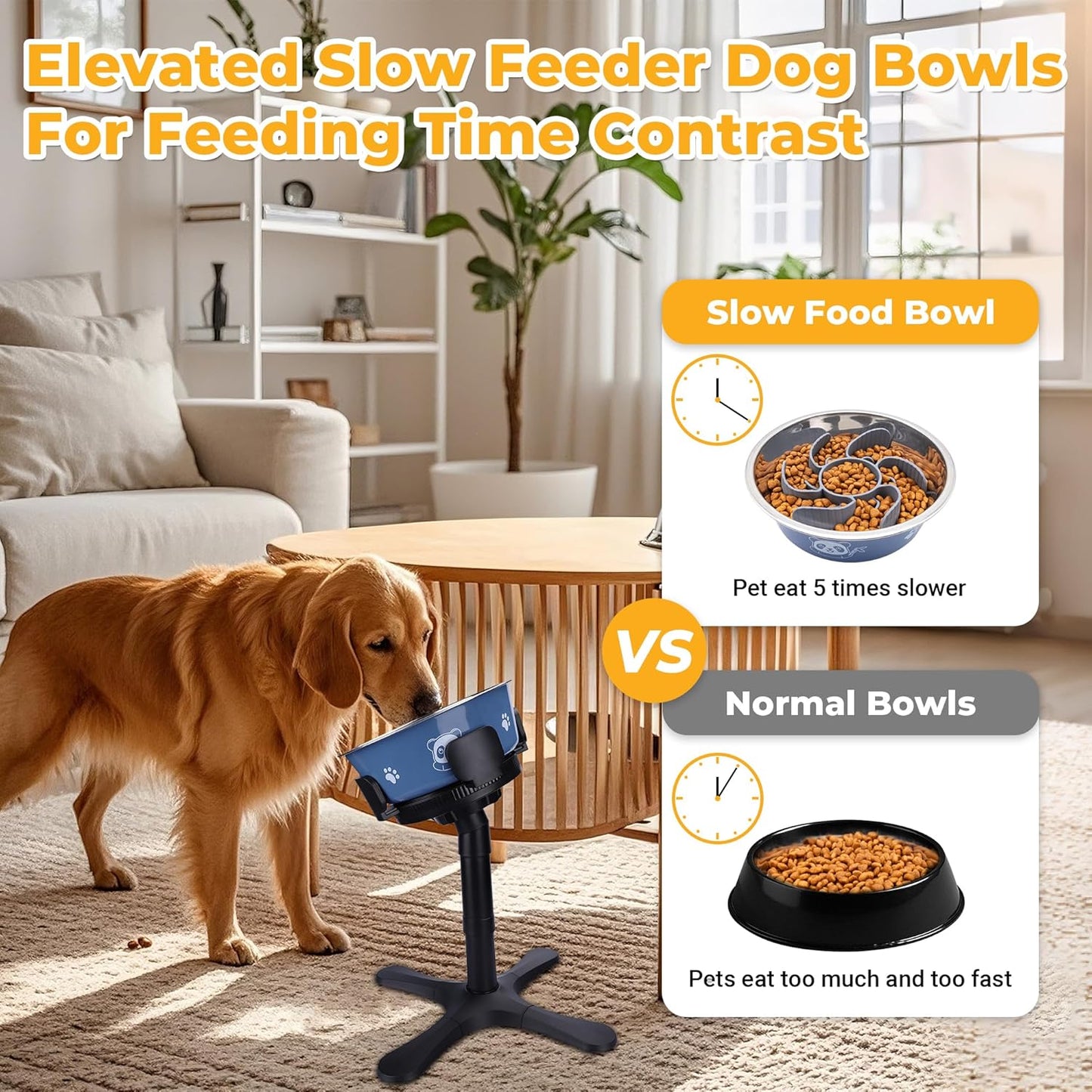 Elevated Slow Feeder Dog Bowl Adjustable Stand,Tilted ABS Base,Fits 5.5-9.5" Bowls, Anti-Spill & Non-Slip, Heavy Duty for Med/Large Dogs(with Stainless Steel Bowls 1 Pack)