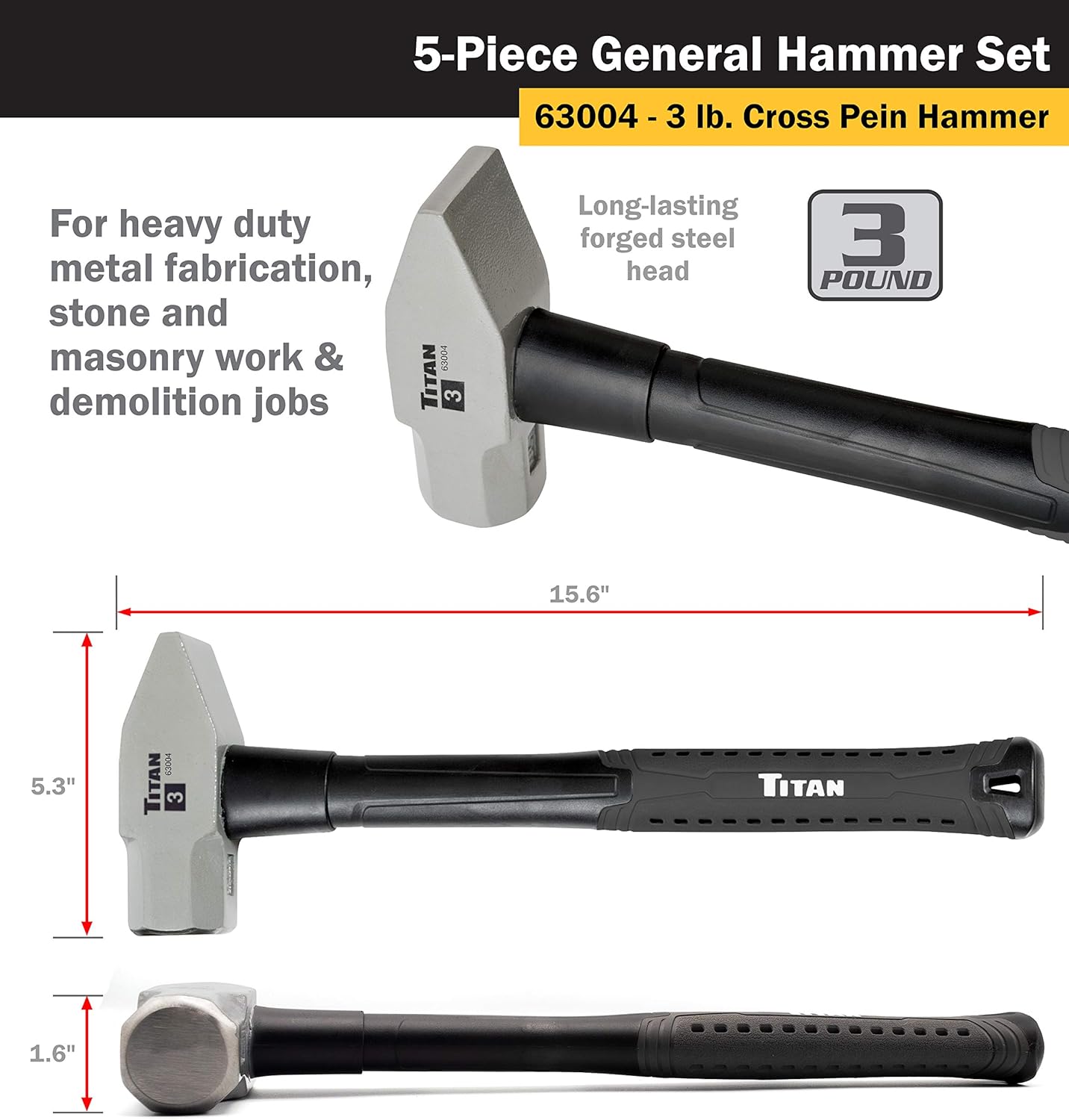Titan 63125 5-Piece Hammer Set, Includes 16oz & 32oz Ball Pein, 32oz Rubber Mallet, 3lb Sledgehammer, & 3lb Cross Pein, Shock Absorbing Fiberglass Handles with Textured Grips