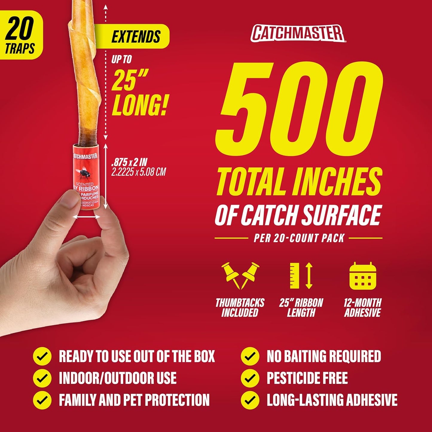 Catchmaster Fly Ribbon 20-Pack, Bug & Fruit Fly Traps Outdoor and Indoor, Premium Adhesive Sticky Strips & Gnat Hanging Strips, Bulk Flying Insect Paper Rolls, Pesticide-Free Home Pest Control