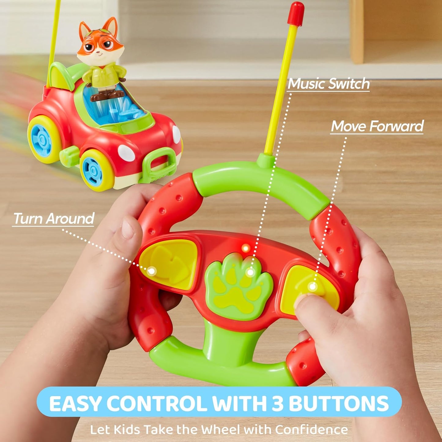 lalalark JOVA 2 Pack Remote Control Car for Toddlers, RC Cars with Cartoon Figure, Kids Toy Bumper Cars with LED Lights and Sounds, Light Up Car with Music, Christmas Birthday Gift for Boys Girls