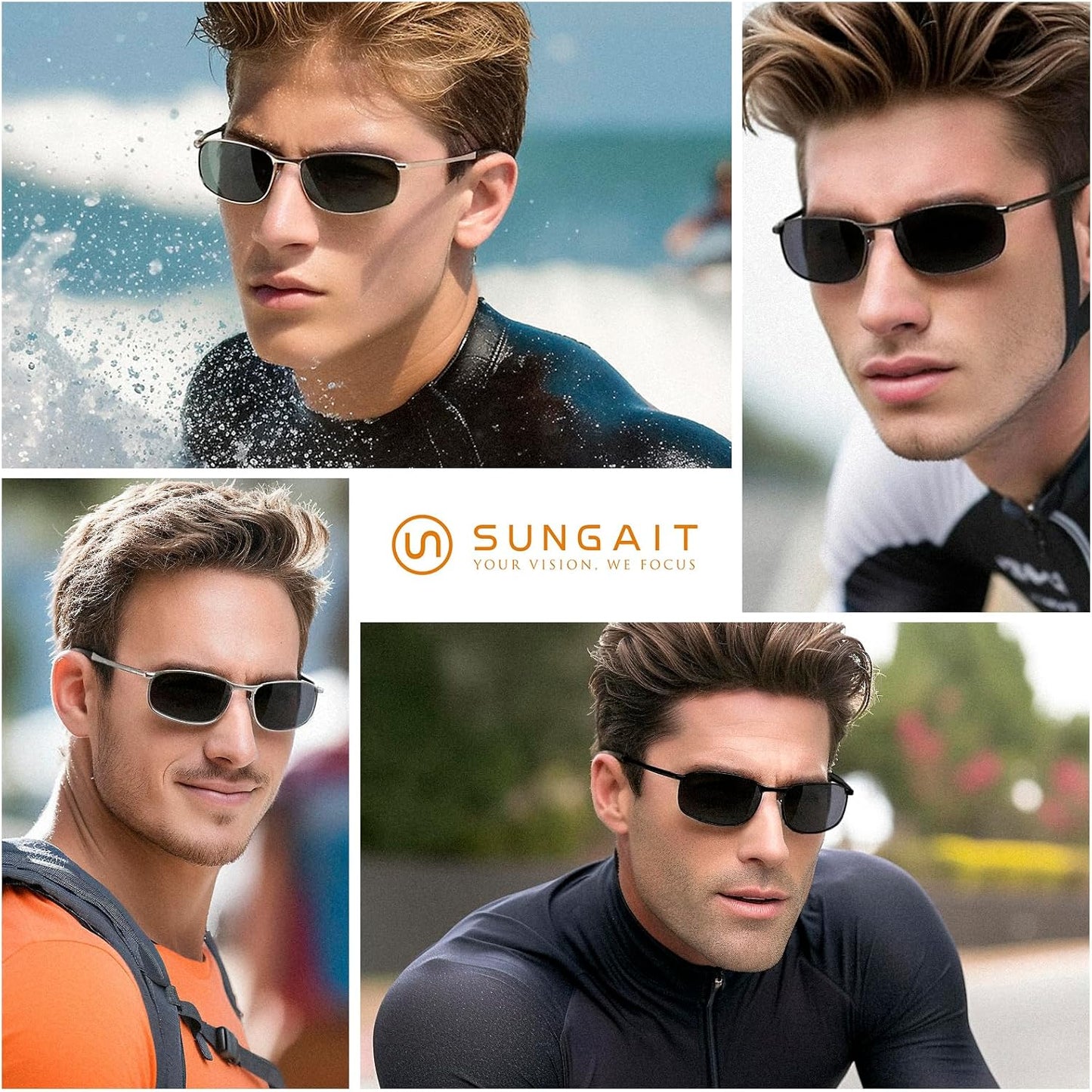 SUNGAIT Mens Narrow Polarized Sunglasses Metal Frame Small Rectangle Retro Durable UV400 Protection