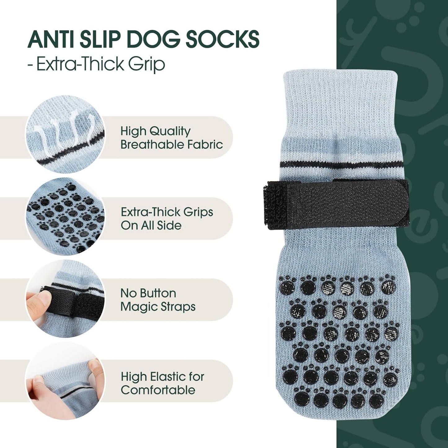 Kuoser Dog Socks, Non-Slip Dog Grip Sock for Hardwood Floors, No Twist Dog Boots & Paw Protectors 4 Pcs Anti-Scratch Hot Pavement Winter Snow Socks for Small Medium Large Senior Dogs, Grey XS
