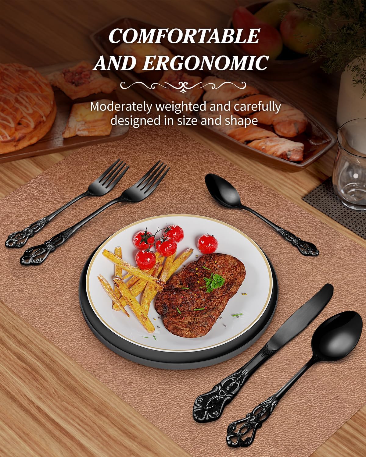 48 Pieces Black Silverware Set for 8, Retro Royal Flatware Set with Steak Knives, Gorgeous Stainless Steel Cutlery Utensil Set Include Forks Spoons and Knives, Mirror Finish,Dishwasher Safe