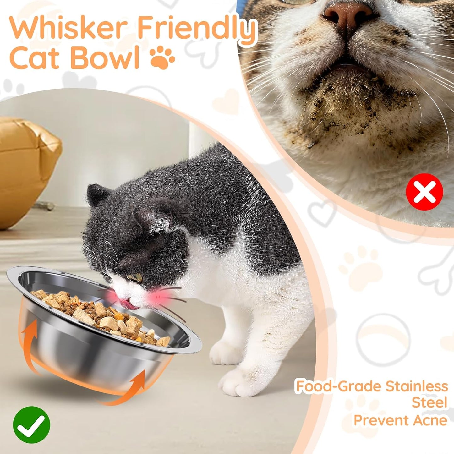 Adjustable Elevated Cat Bowls with Stand, 3 Height Raised Food & Water Bowl Set for Indoor Cats, 4 Stainless Steel Tilted Pet Dishes for Small Dogs, Non-Slip Feeding Station with Anti-Spill Design