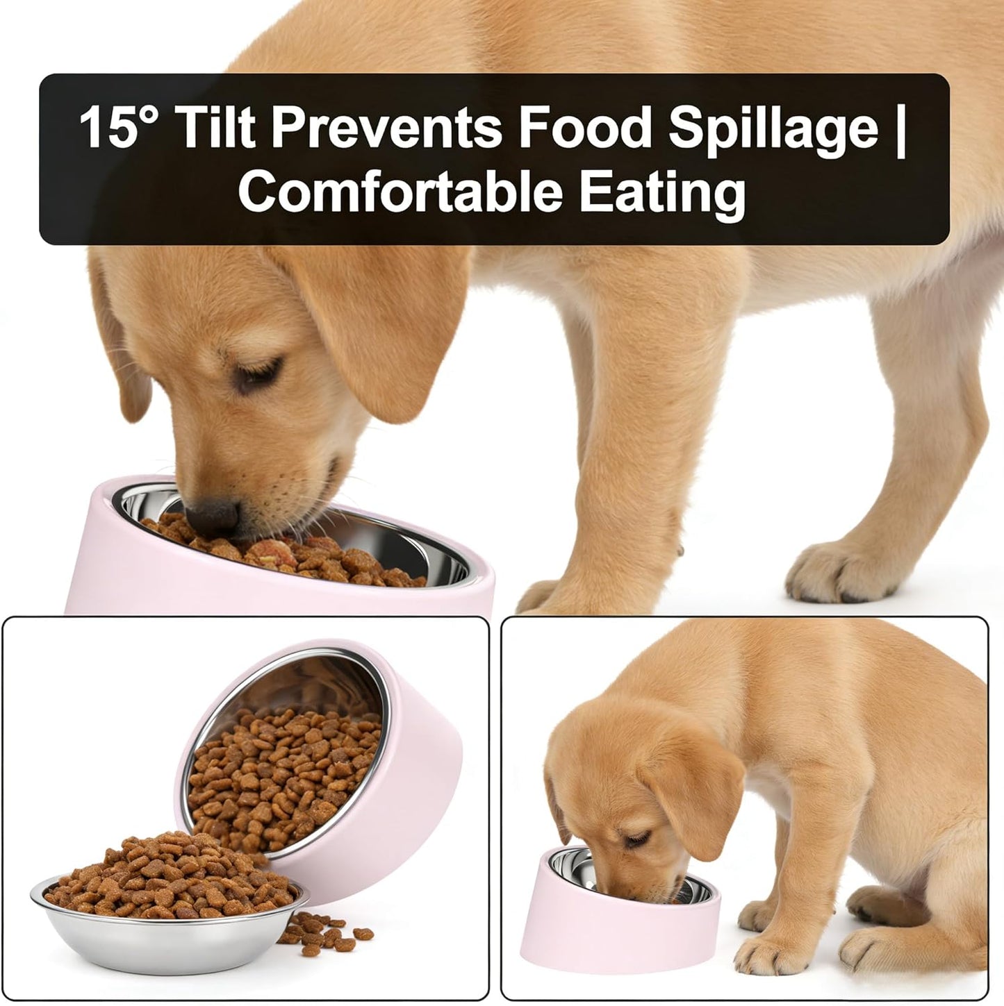 Tilted Slow Feeder 15° Elevated Non-Slip, BPA-Free Vet-Recommended Easy Clean Water Dish for Small Pets (Pink)