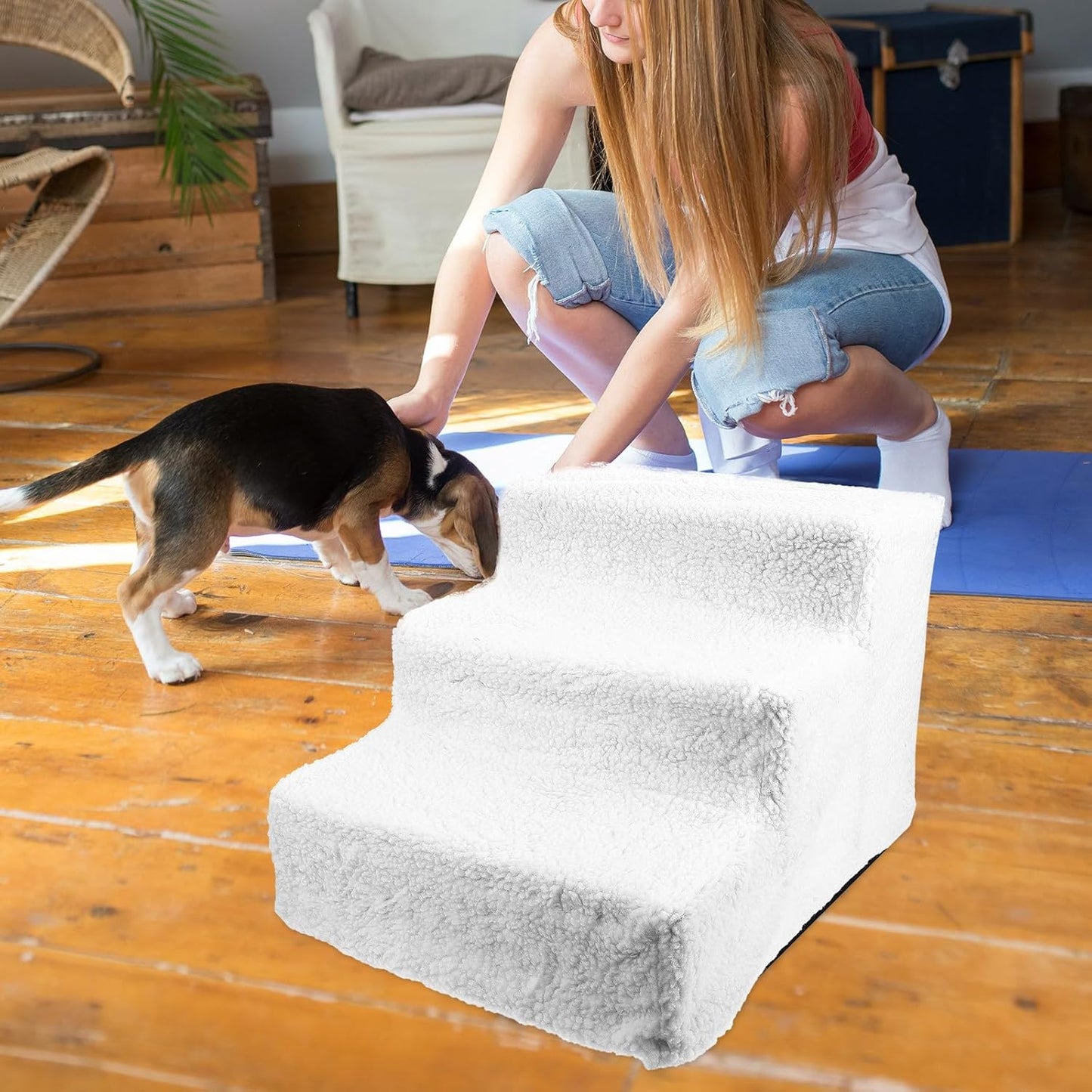 FAVOMOTO Pet Ladder for Dogs and Cats, Non-Slip Puppy Stair with White Modular Steps, Indoor Small Animal Climbing Ramp for Sofa and Bed Use
