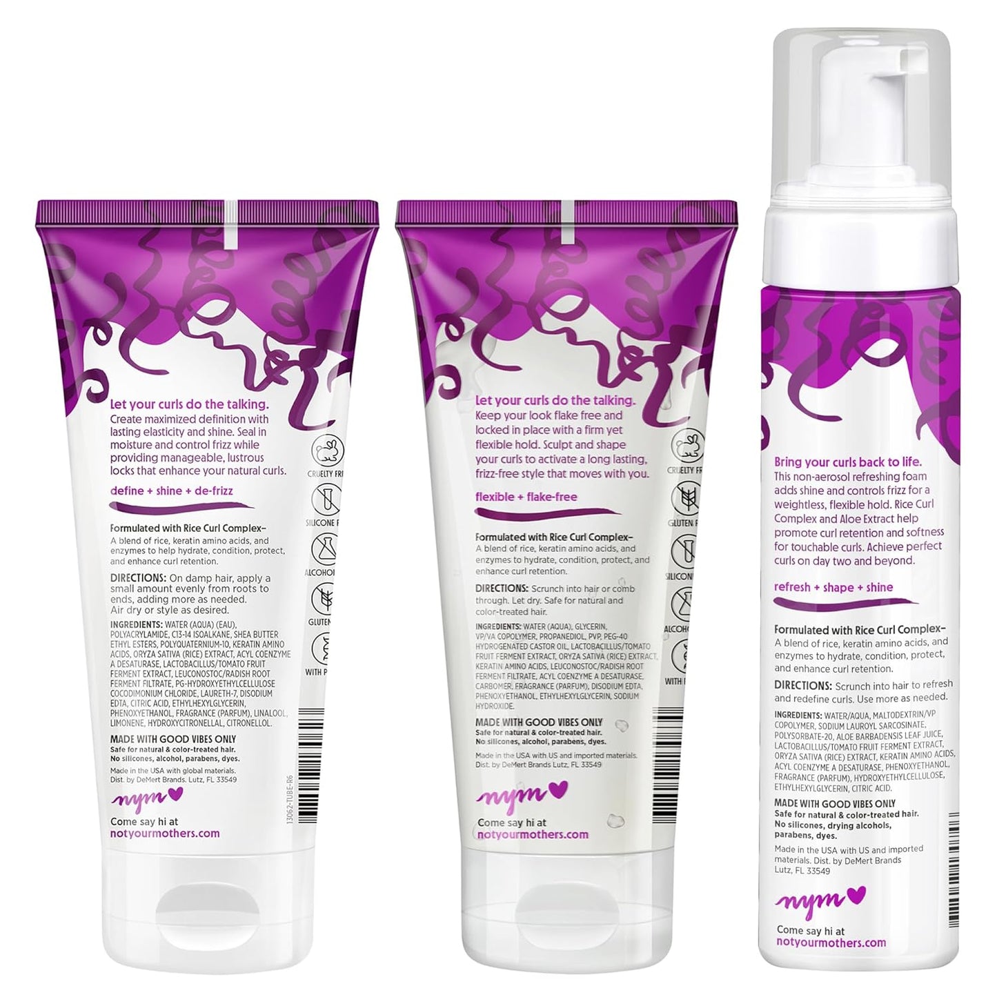 Not Your Mother's Curl Talk Frizz Control Sculpting Gel, Defining Cream, and Refreshing Curl Foam (3-Pack) - 6 and 8 fl oz - Formulated with Rice Curl Complex - For All Curly Hair Types