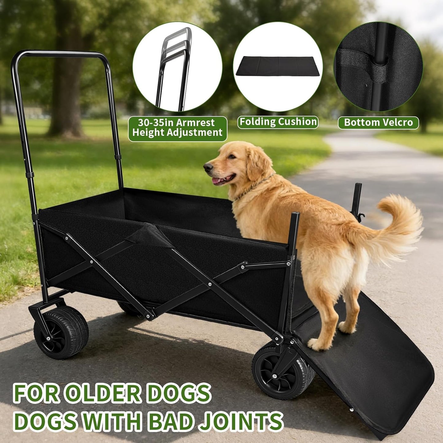 Dog Stroller for Large Dogs,Pet Stroller for Medium Dogs Up to 150lbs,Folding Dog Wagon Cart,Heavy Duty All-Terrain with Adjustable Handle,Storage Organizer,Waterproof Oxford Fiber,Black