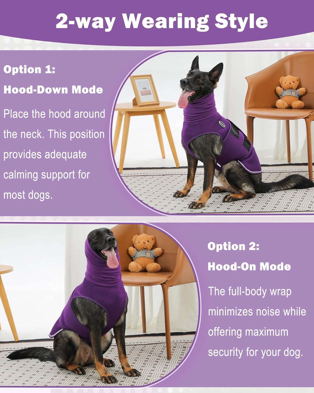 Dog Anxiety Vest with Hood, Skin-Friendly Thunder Jacket for Dogs, All-in-One Dog Calming Shirt with Hood for Thunder, Fireworks, Separation - Keep Pet Calm Without Medicine, Purple, XL