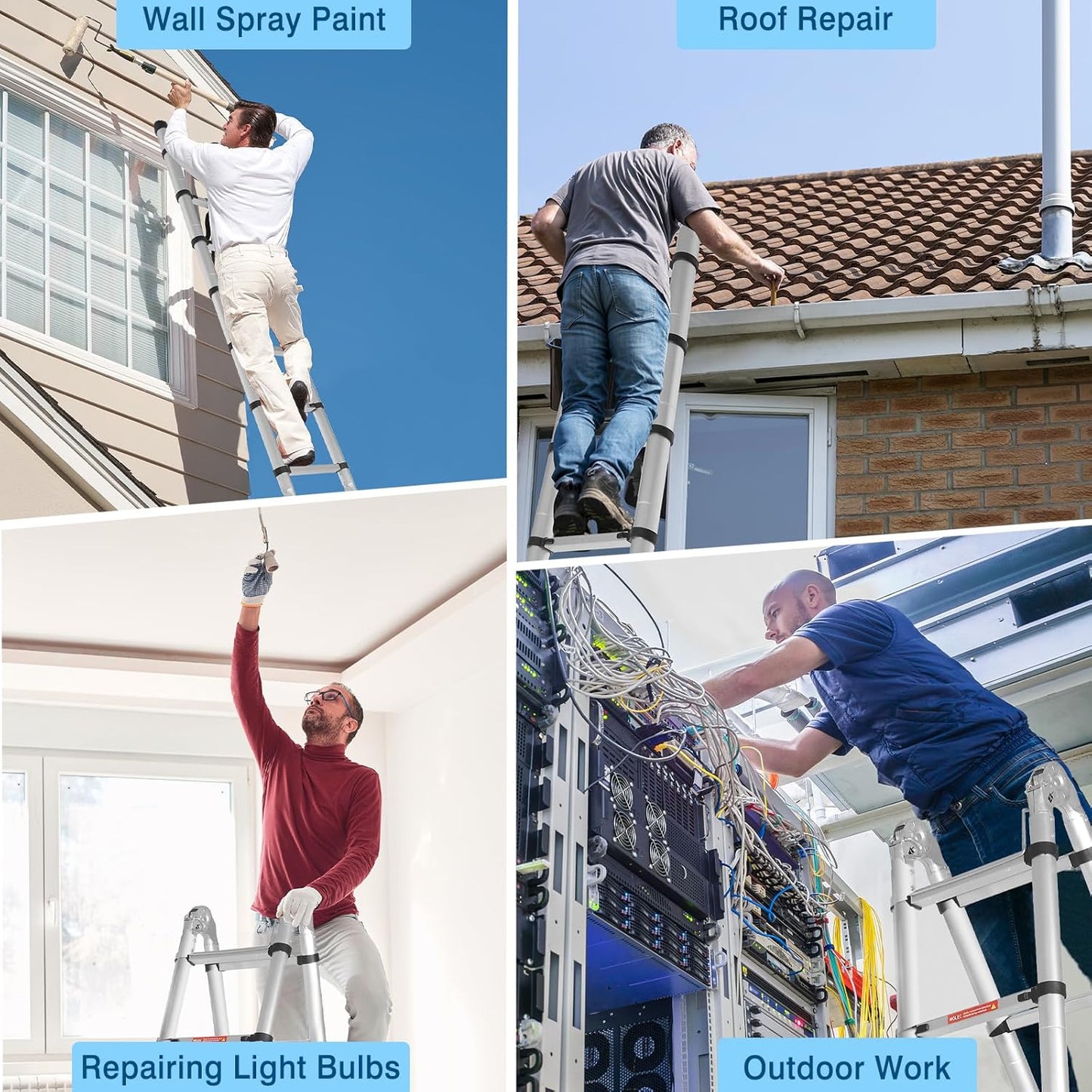 12.5 FT A Frame Telescoping Ladder, Extension Multi-Purpose w/Balance Bar & Wheels, Ladder A Frame, Heavy Duty 330 lbs Max Capacity, Ideal for Home and Outdoor Work, Silver