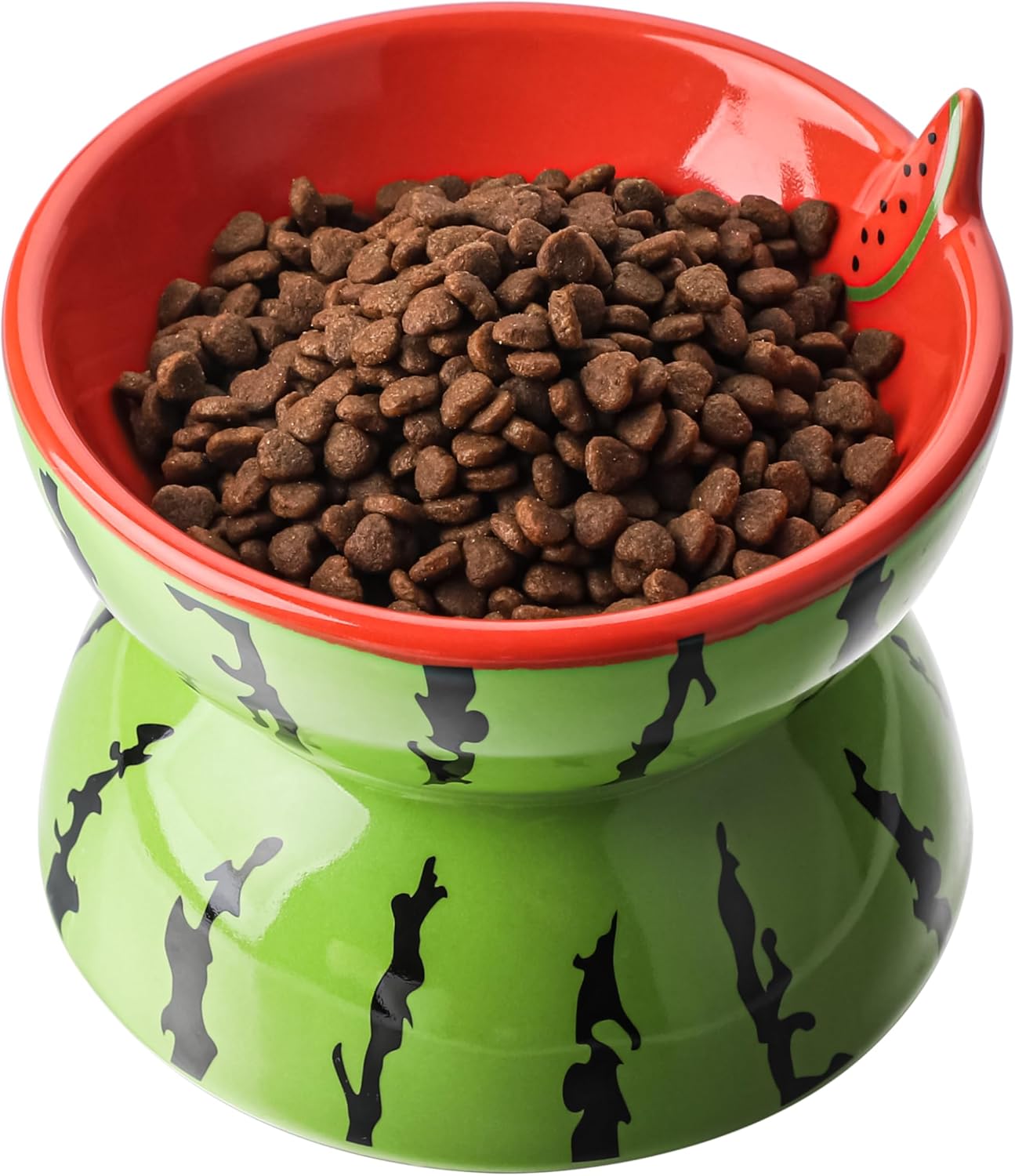 Ceramic Elevated Cat Food Bowl for Indoor Cats Tilted Food Bowls Cute Raised Cat Dish for Flat Faced Cats and Kitten (Watermelon Shaped, Medium)