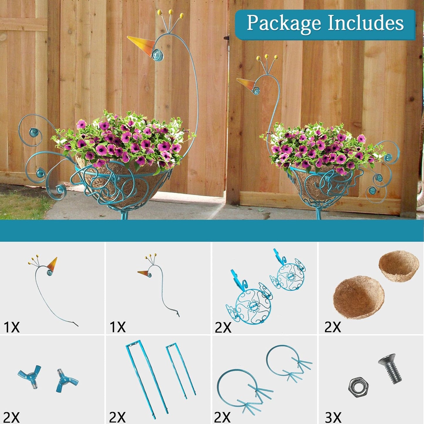 J-Fly Peacock Metal Plant Stand 2 Sets Flower Pots Holders, Planters for Outdoor Indoor Plants with Coconut Pots, Front Porch Garden Balcony Patio Decor for Plant, Valentine Decoration Gifts