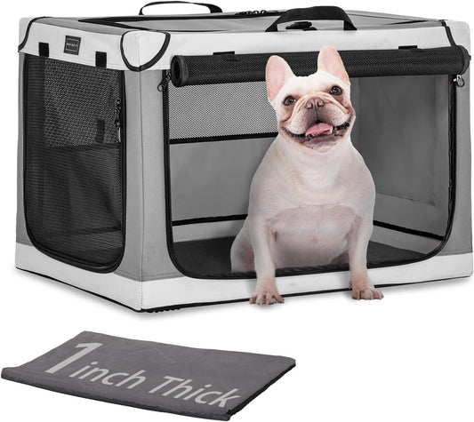 PETSFIT Portable Dog Crate for Small Dogs, – 24" Soft Dog Travel Crates with Lockable Zippers & Thicken Mat, Adjustable Patented Spiral Steel Frame, Collapsible Kennel for Indoor & Outdoor