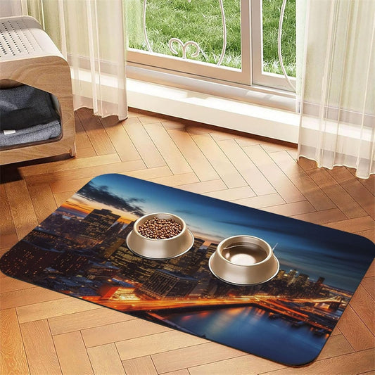 New York City Scenery Pet Feeding Mat 40x60cm Absorbent Leather Dog Cat Food Mats Non-Slip Dog Bowl Mats for Food and Water, Quick Dry Pets Placemats for Cats and Dogs Water Bowl