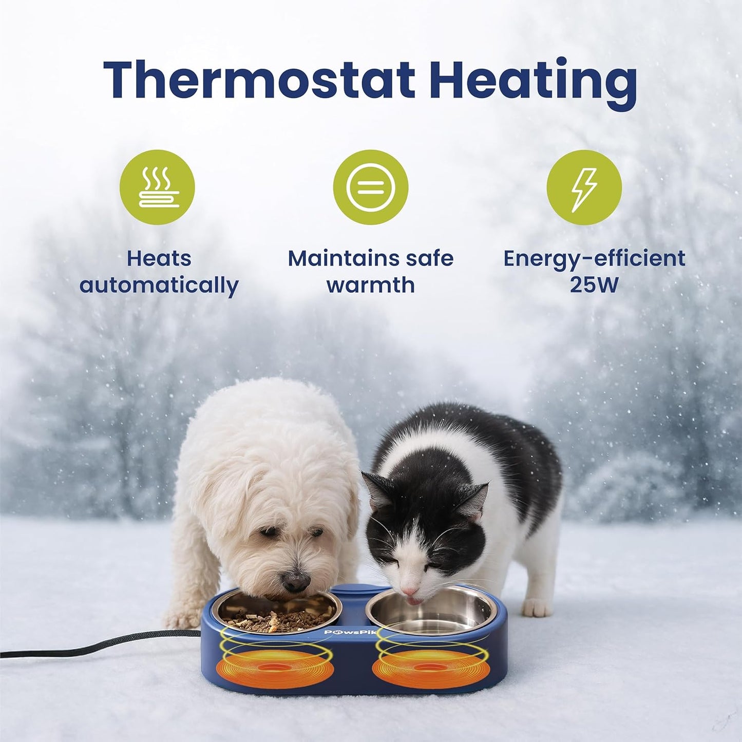 PawsPik Heated Water Bowl for Cats, 18/8 Stainless Steel Heated Pet Bowl, Outdoor Cat Bowl in Winter, Blue, 3 Cups