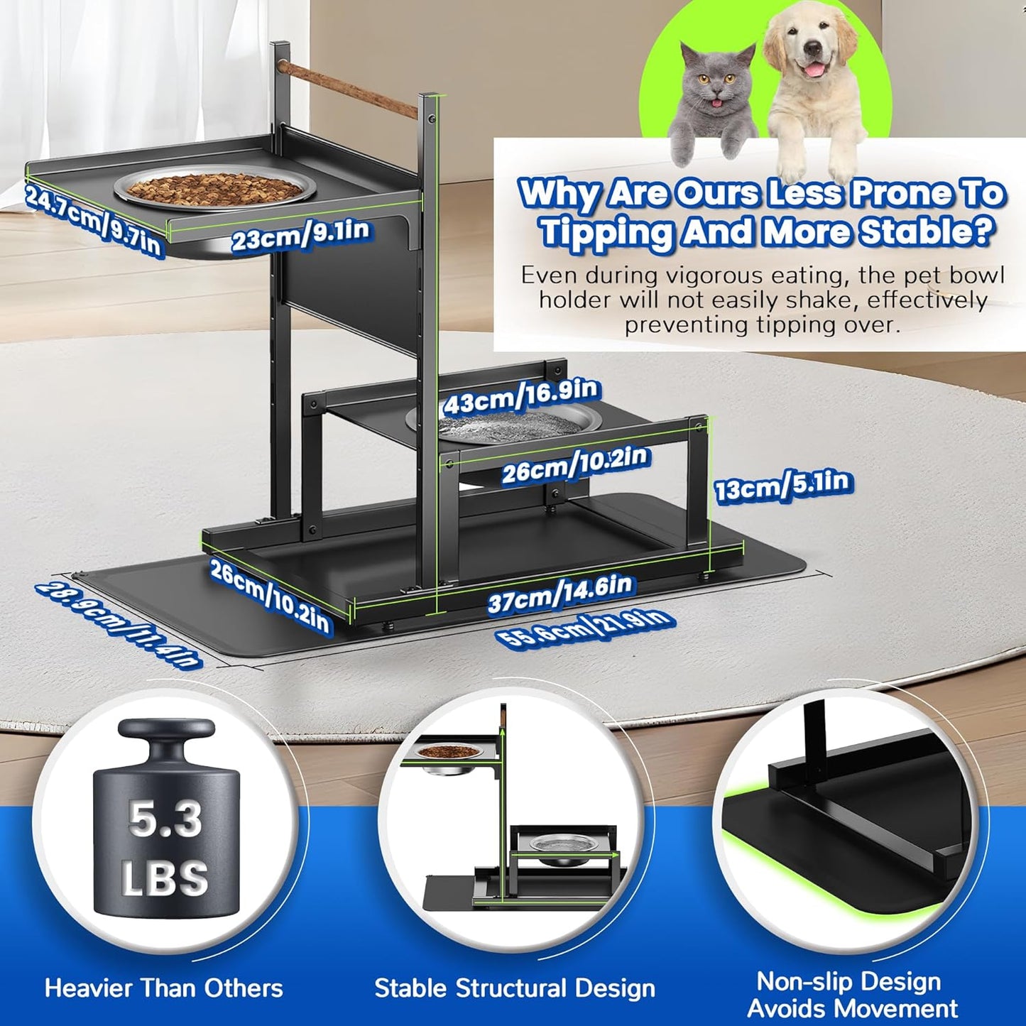 Elevated Dog Bowls with2 Stainless Steel Bowls, Adjustable Raised Dog Bowl Stand Holders with Non-Slip Mat, Metal Water Feeder for Medium,Large Puppy