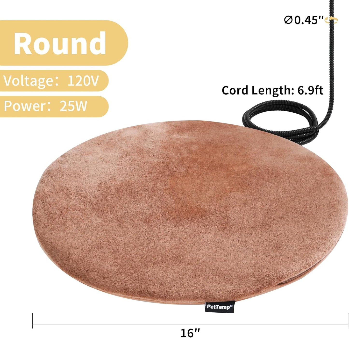 Pet Heating Pad for Cats Dogs Indoor & Sheltered Outdoor Waterproof Heated Cat Bed Heated Dog Bed Chew Resistant Cord Constant Temperature Brown Round 16 Inch