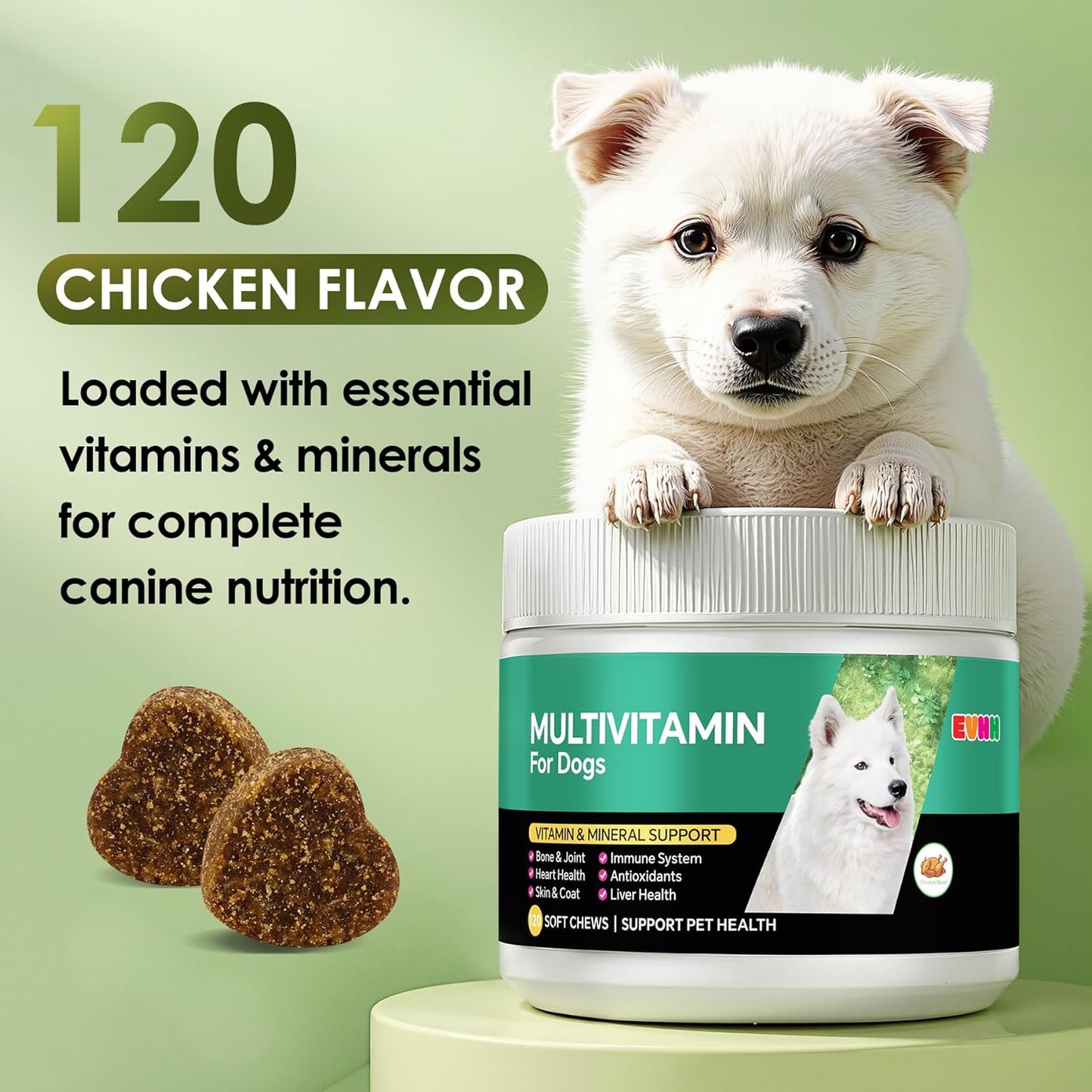 Multivitamin for Dogs，Dog Multivitamin Chews with Essential Vitamins & Minerals - Skin & Coat Health, Immune Support, Heart & Liver Care, Chicken Flavor, 120 Count