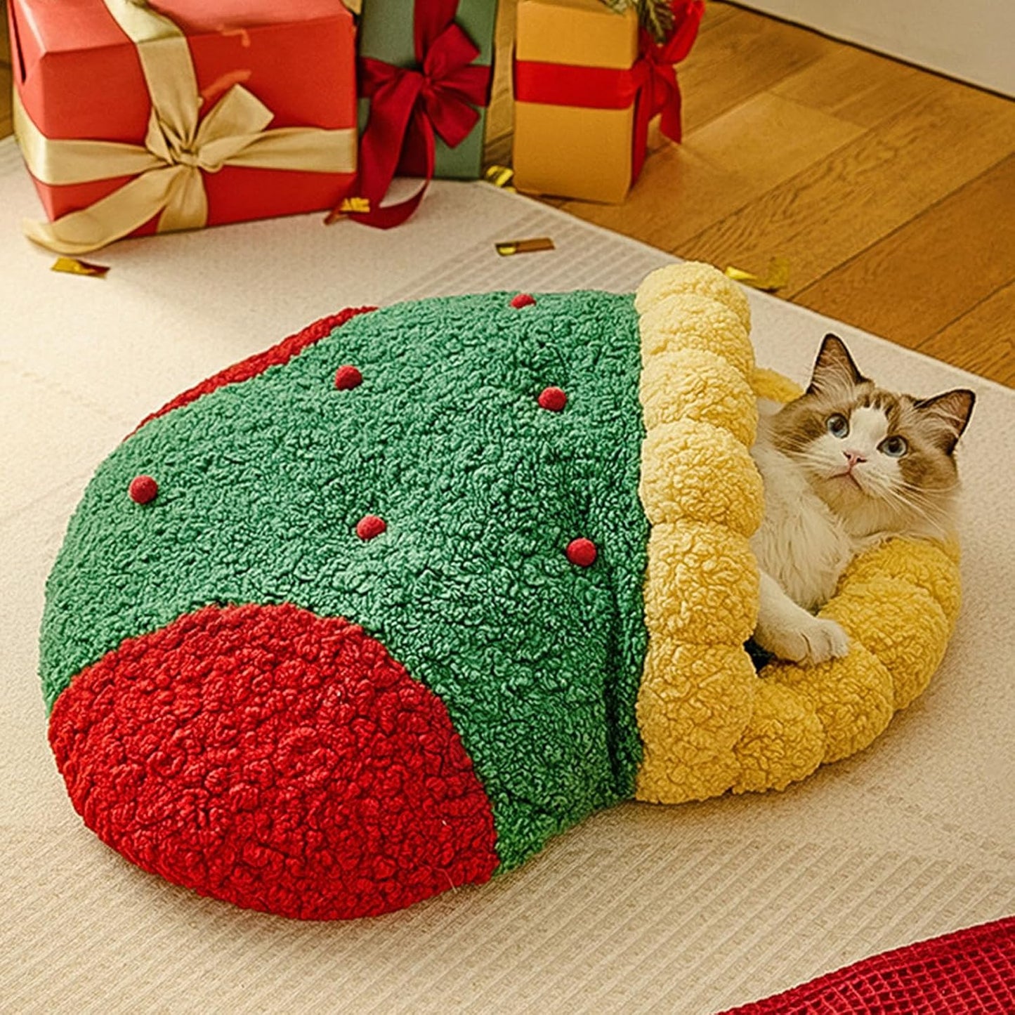 Winter Warm Cats Bed Christmas Theme Soft Foam and Removable Cover Shelter House Rest Bed for Small Animal Home Decors Festival Pet House