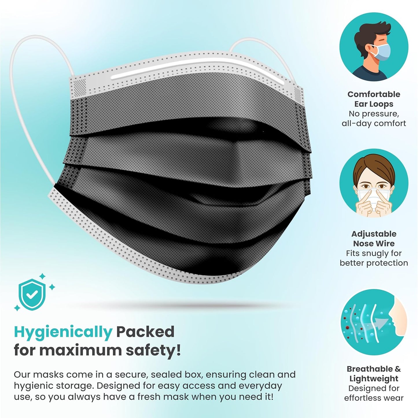 [Pack Of 150] Black Disposable Face Mask, 3-Ply Adult Masks, Facial Cover with Elastic Earloops For Home, Office, School, and Outdoors