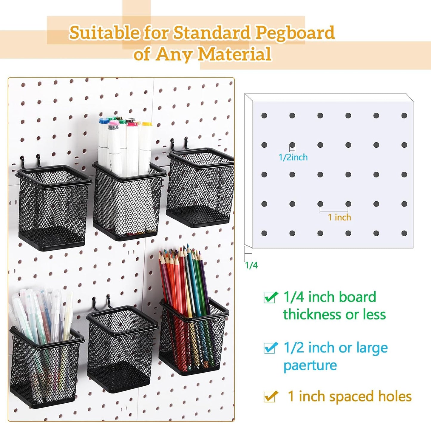 6 Sets Pegboard Cups with Hooks Pegboard Pencil Holder Bin Organizer Black Square Peg Board Accessories Metal Pencil Holder Cup for Home Office Workbench Craft Room Workshop Garage Tool