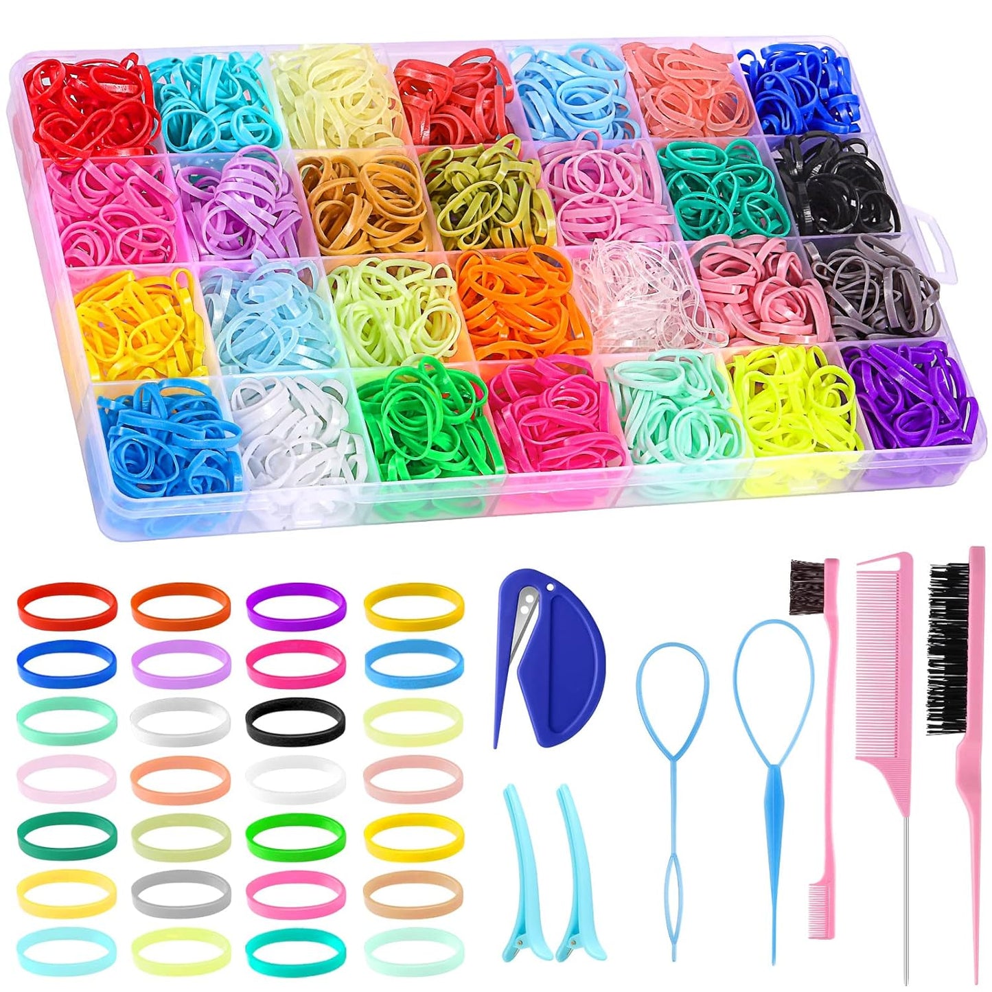 28 Colors Rubber Bands with 8 Hair Styling Tools, 1500 Pcs Colorful Elastic Ties Small Rubber Bands Baby Toddler Ties Mothers Day Gifts for Mom Daughter
