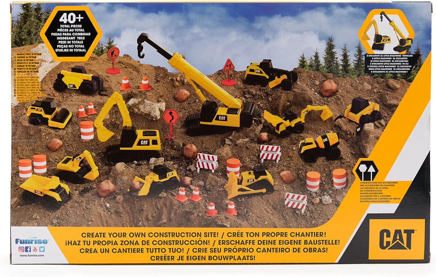 CAT Construction Toys, Little Machines Mega Set – 40+ Pieces with XL Crane & Excavator, 10 Mini Vehicles, Road Signs, Cones, Boulders & Barricades, Indoor/Outdoor STEM Toy for Kids Ages 3 +