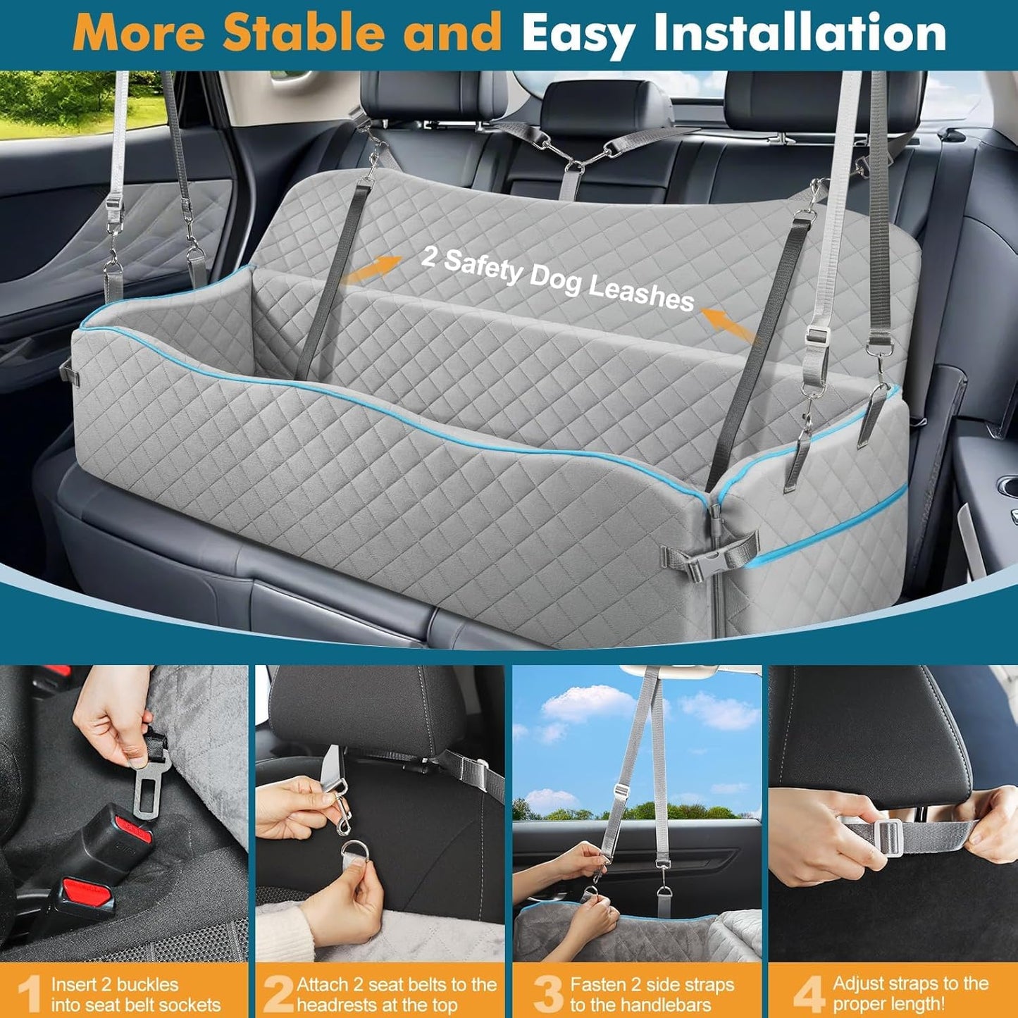 Large Dog Car Seat, Dog Car Bed for Large Dogs Under 120lbs, Dog Booster Seat with Thick Cushion and 2 Pet Safety Leashes, Detachable & Washable Pet car Bed for Backseat