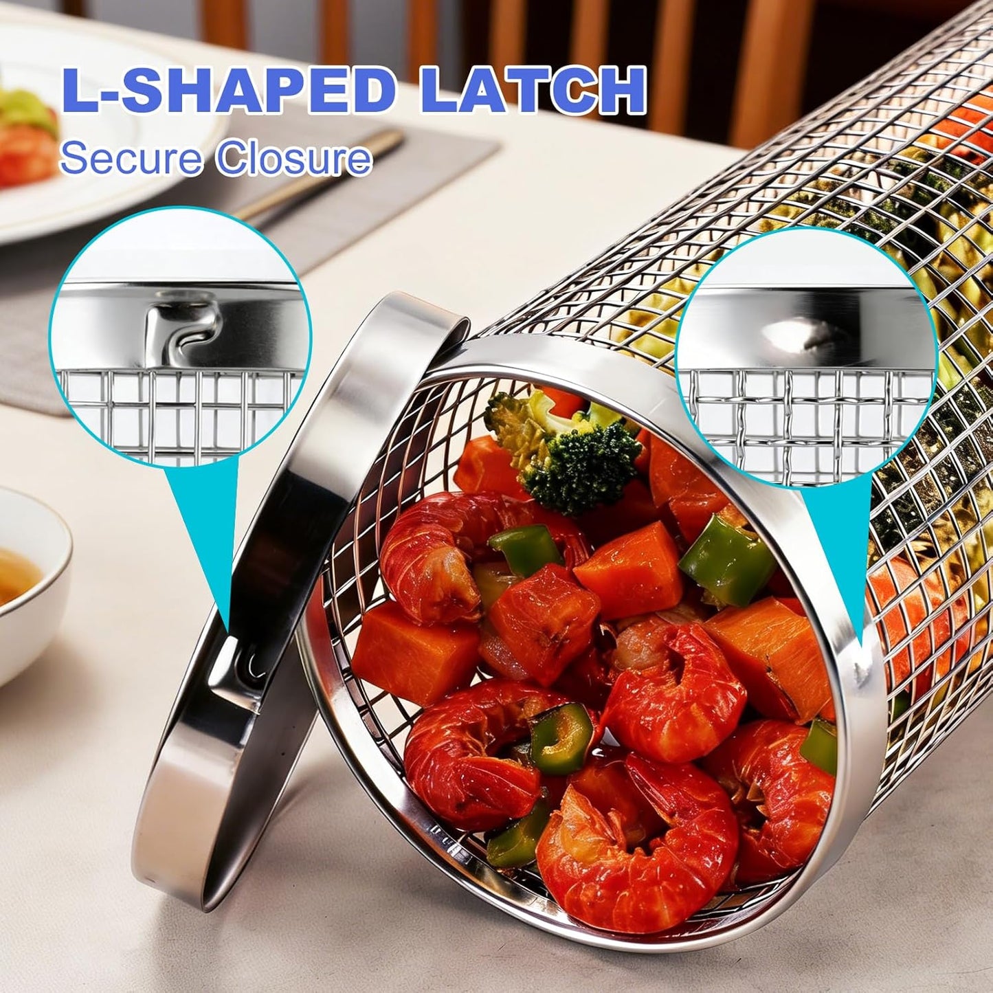 Rolling Grill Basket 2-Pack, Premium 304 Stainless Steel, Removable Wooden Handles, Upgrade Rolling Grill Baskets for Outdoor Grill, BBQ Grill Accessories for Camping/Backyard Cooking, Ideal Gift for Dad/Husband