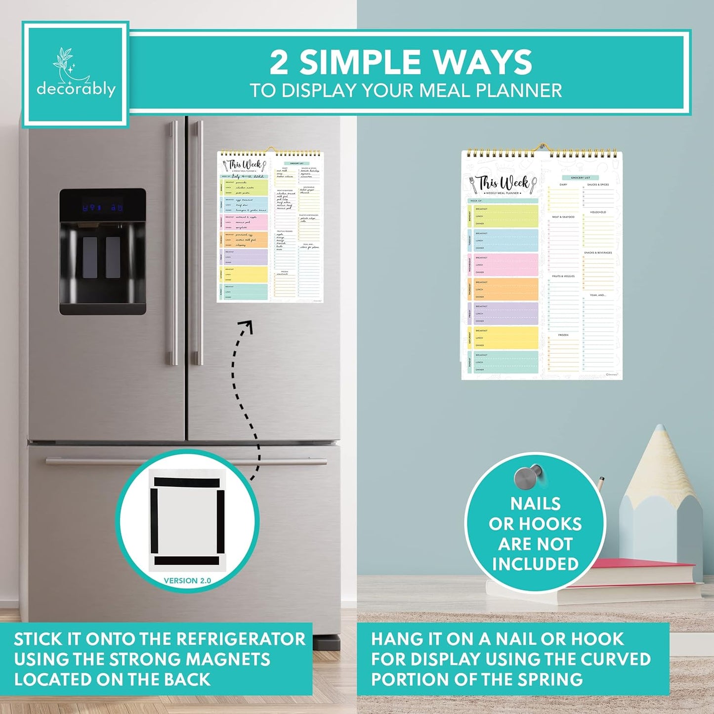 Decorably 52 Sheets Pastel Undated Magnetic Weekly Meal Planner and Grocery List Notepad with 4 Strong Magnets - 8.5x11in Spring-Bound, Refrigerator Mountable, Easy Tear-Off Design