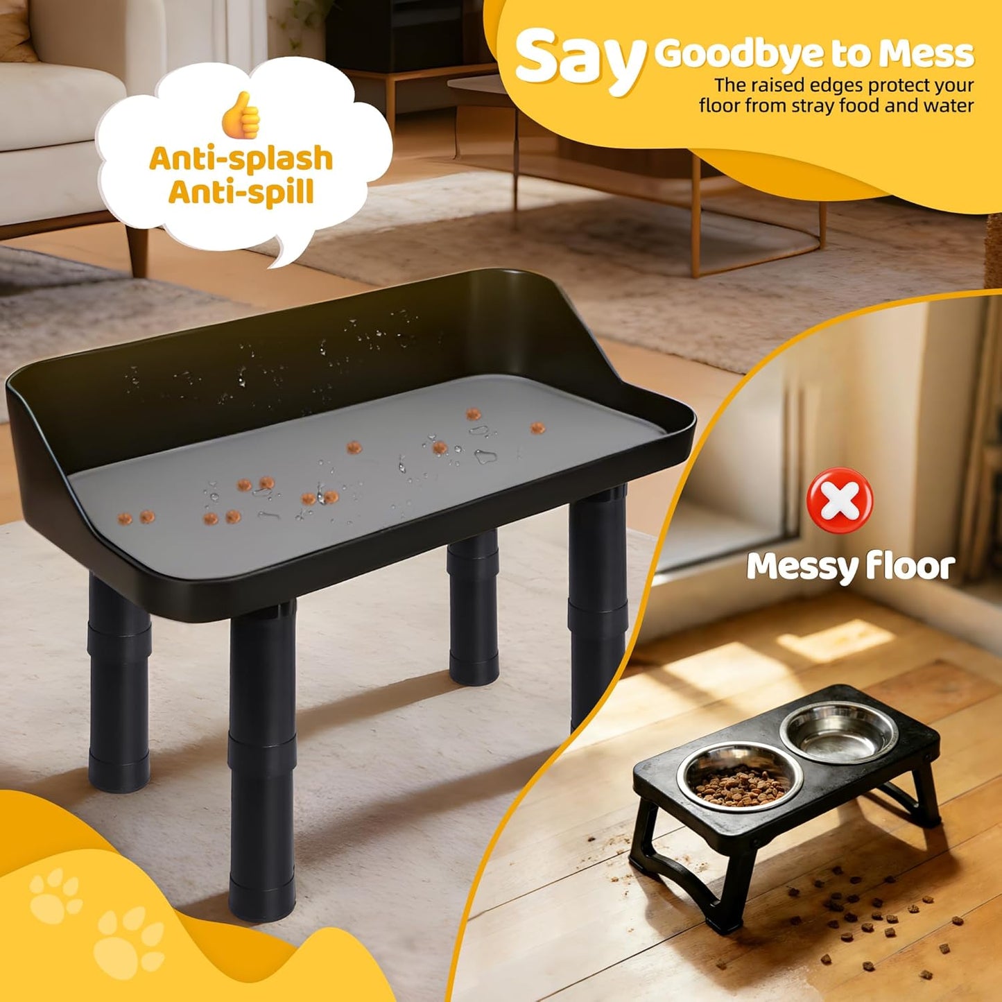Dog Food Bowls Elevated, 3 Heights ((0.9''/4.7''/8.45'') Adjustable Raised Dog Bowl Stand with 16.73''W Splash Guard & Non-Skid Feet for Small Medium Large Dogs, No Bowl Included