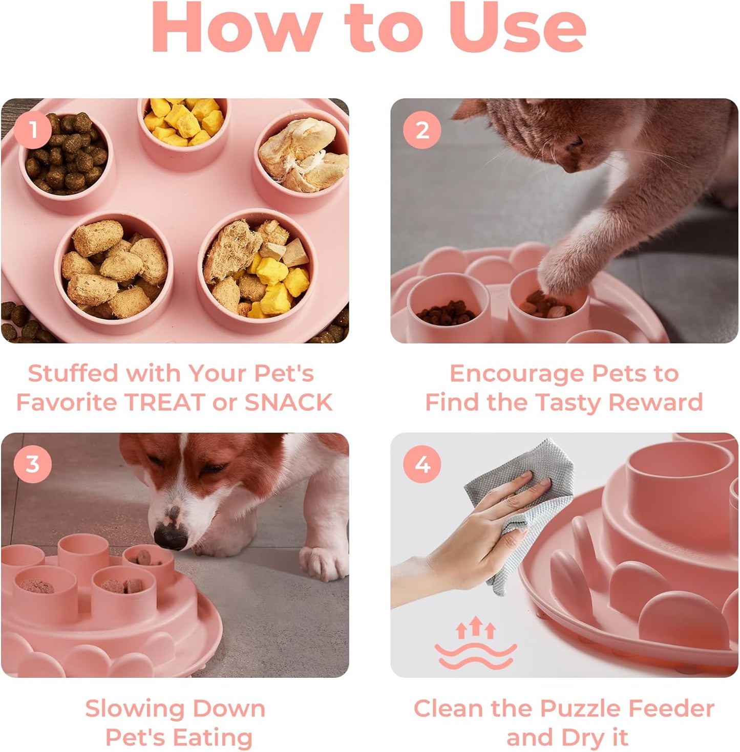Puzzle Feeder Slow Feeder, Interactive Cat Puzzle Toy for Mental Stimulation, Dishwasher Safe Silicone Enrichment Toys, Reduces Boredom and Trains Intelligence, Pink
