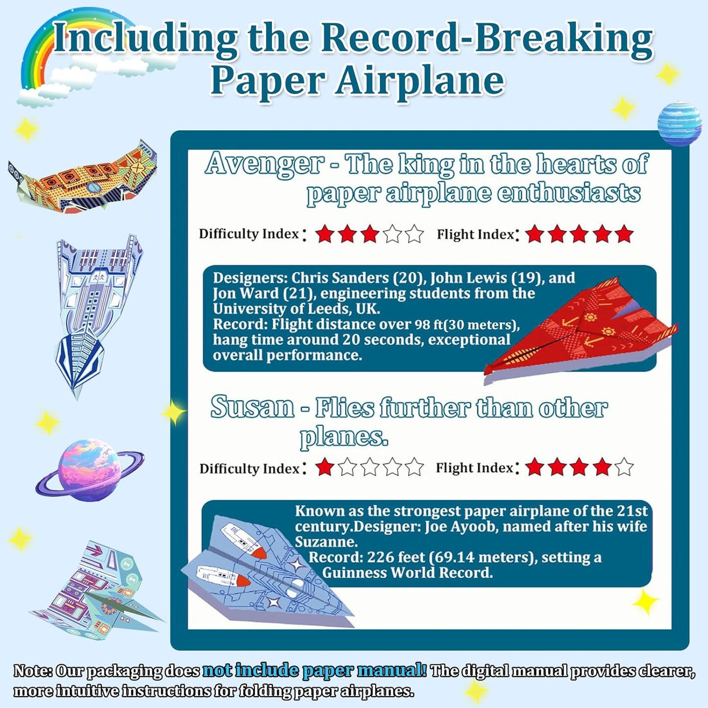 Paper Airplane Kits with 16 Classic Designs, 32 Sheets of Colorful Origami Paper, World Record Paper Planes, Crafts for Boys Ages 6-12+ , Easter Basket Stuffers and Gift for Boys(Digital Manual Only)