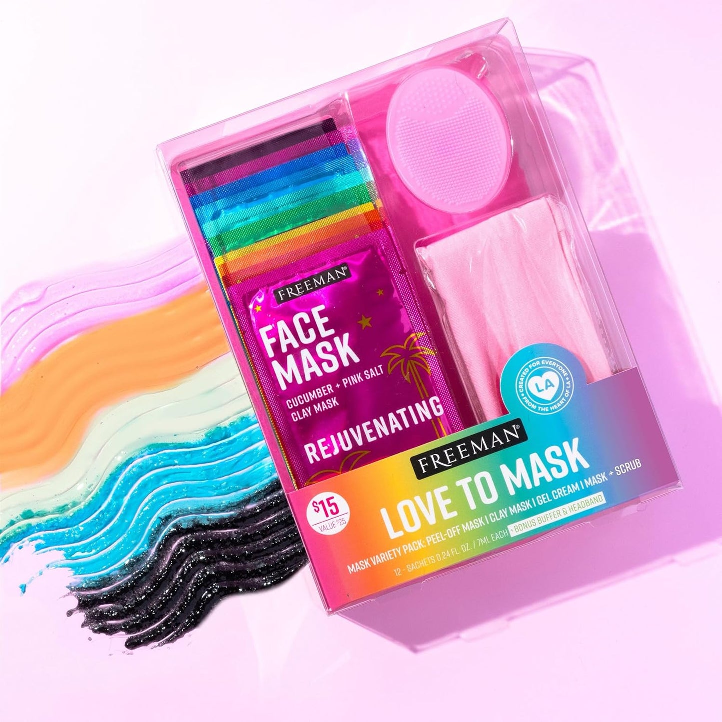 Freeman 14 Piece Love To Mask Variety Pack, Facial Masks For All Skin Types, Hydrate, Detoxify, & Clear Skin, Exfoliating Scrub, Bonus Headband and Skin Buffer, Face Masks Are Cruelty-Free & Vegan