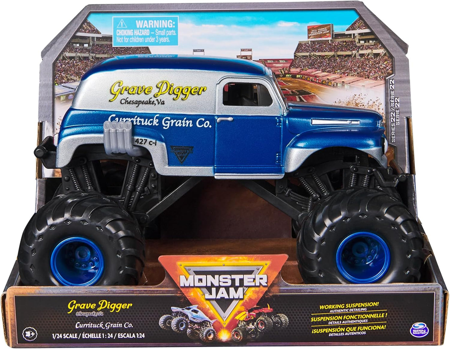 Monster Jam, Official Grave Digger Monster Truck, Currituck Grain Co Collector Die-Cast Vehicle, 1:24 Scale, Kids Toys for Boys and Girls Ages 3 and up