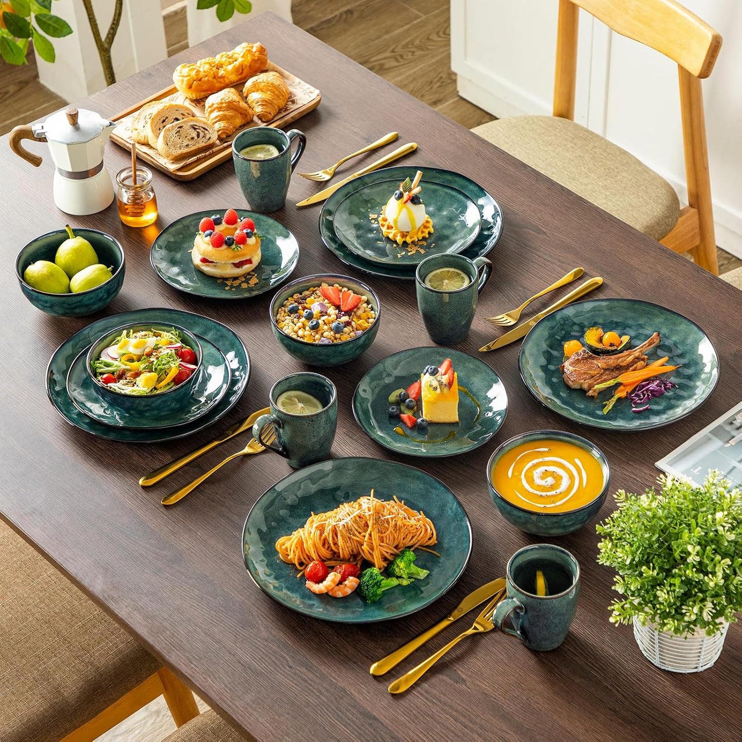 vancasso Ceramic Dinnerware Sets for 4, 16 Pieces Handmade Reactive Glaze Dishes Set, Elegant Stoneware Plates and Bowls Sets with Mugs, Dishwasher and Microwave Safe, Starry Green
