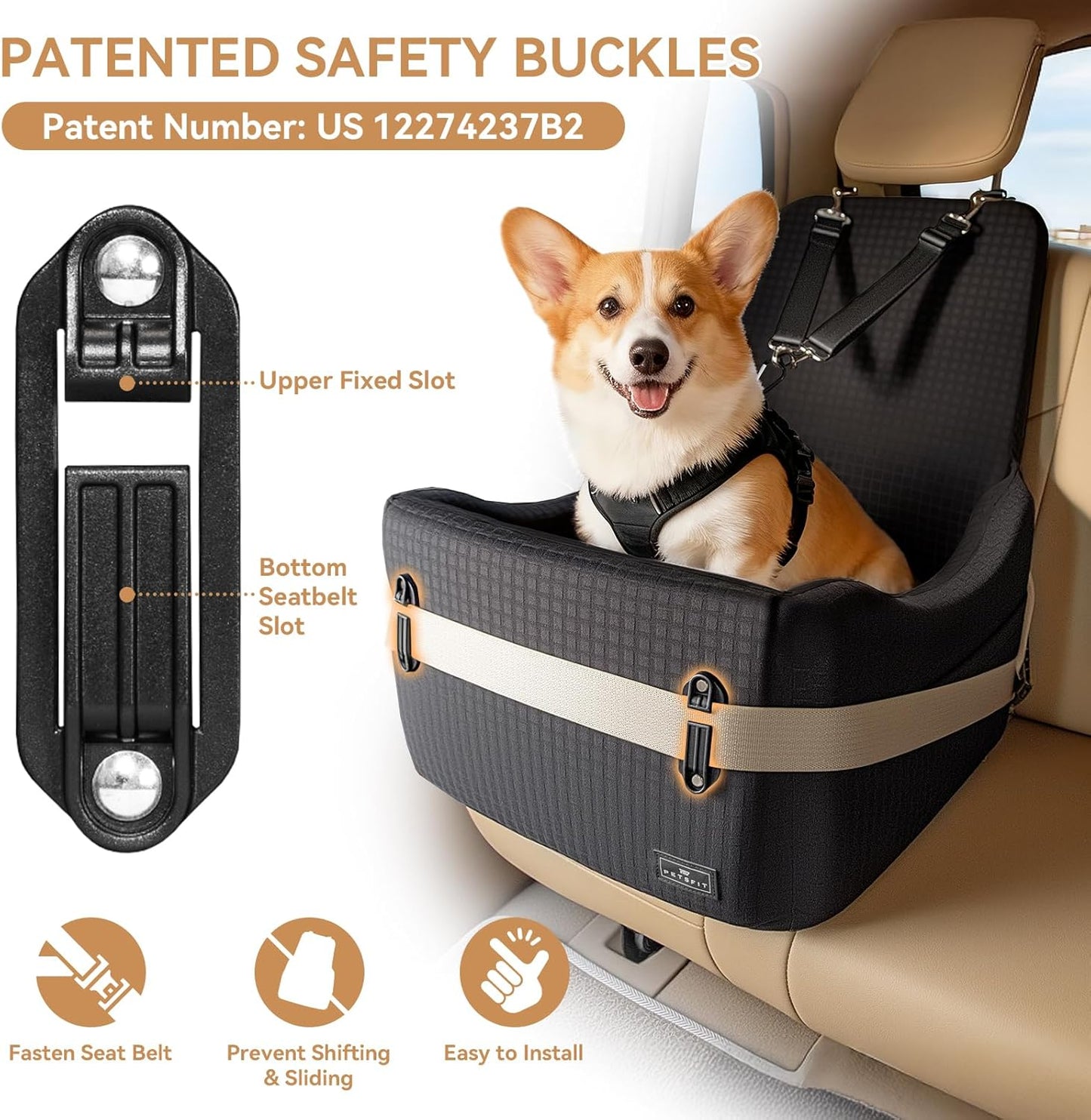 PETSFIT Dog Booster Car Seat for Small/Medium Dogs Up to 35 lbs – Patented Safety System, 6" Memory Foam Pet Car Seat, Fully Detachable and Washable Cover, Front/Back Seat Travel Booster (Black)
