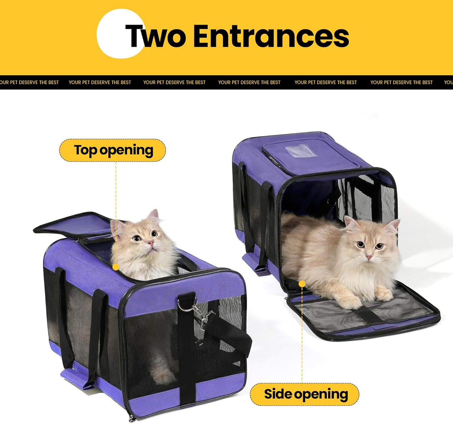 Cat Carrier Airline Approved, Soft-Sided Dog Carrier with Inner Safety Leash, Pet Transport Carrier for Small-Medium Cats Puppies up to 15 Lbs, Collapsible Travel Kitten Carrier Bag -Purple M