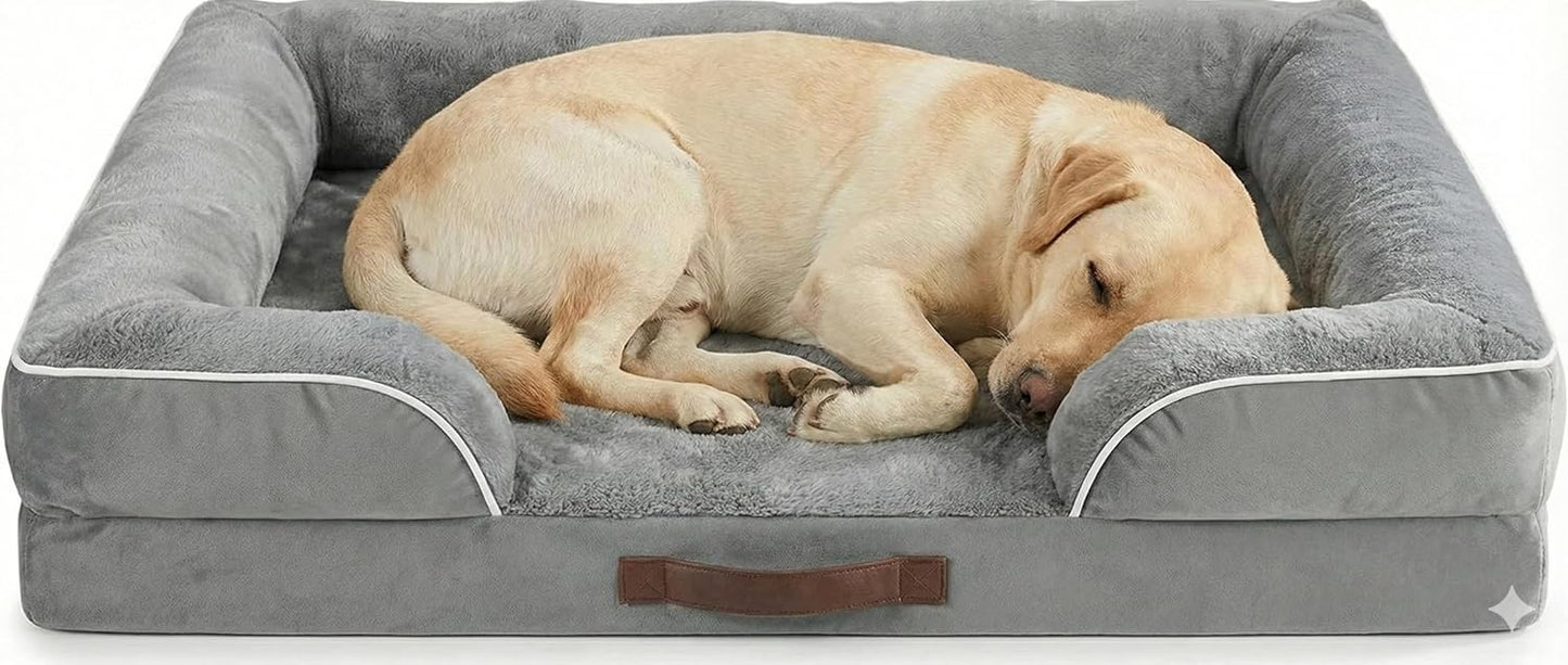 Codi Large Memory Foam Layer Dog Bed, Washable Orthopedic Dogs Beds Couch with Removable Zipper Cover, Waterproof Pet Sofa with U-Shape Bolster, Grey, 91x68x(7.5+8.9) cm