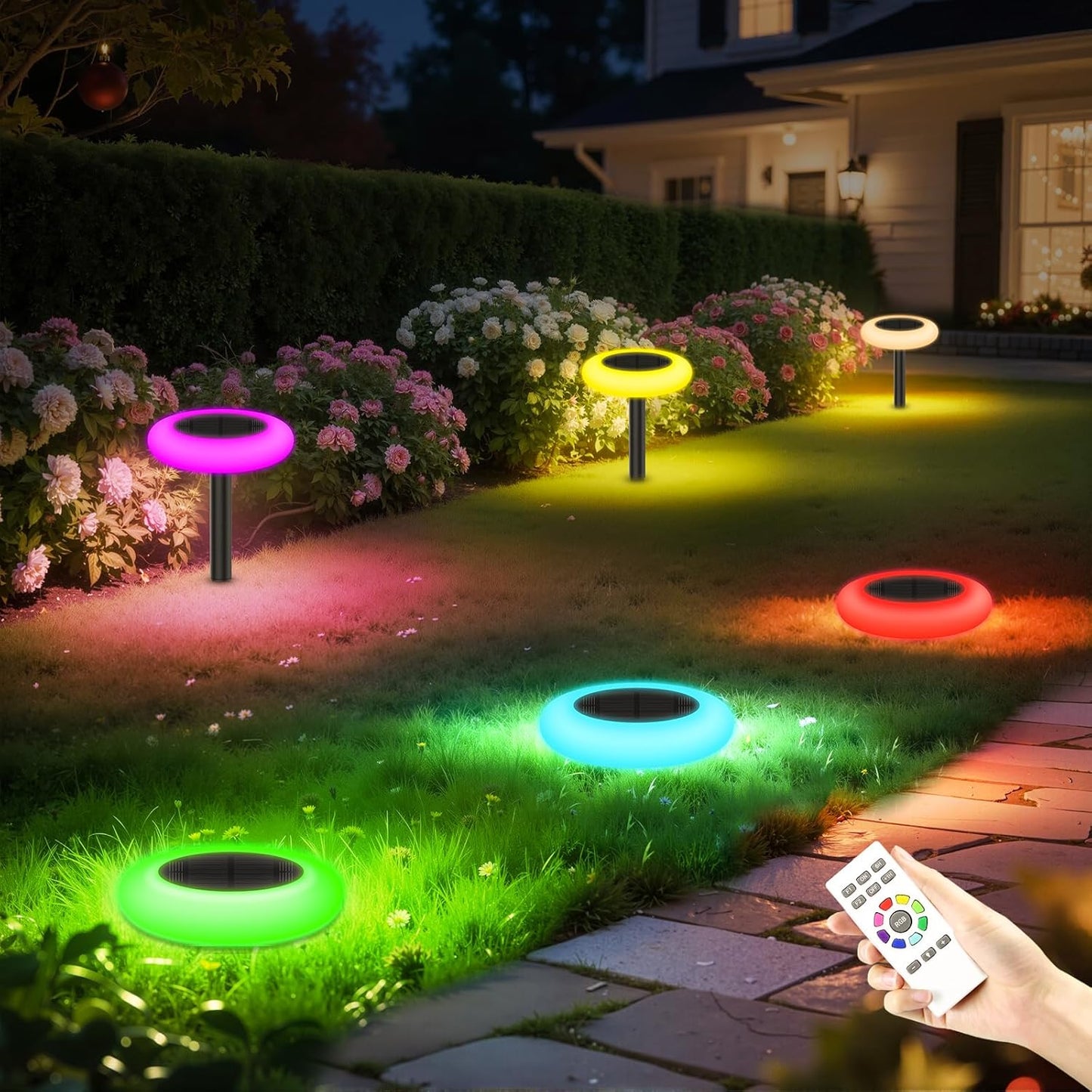 Colorful Solar Lights Outdoor, Color Changing Solar Lights with Remote, Colorize Pathway Lights Solar Garden Lights for Landscape Walkway Patio Yard Pool Garden